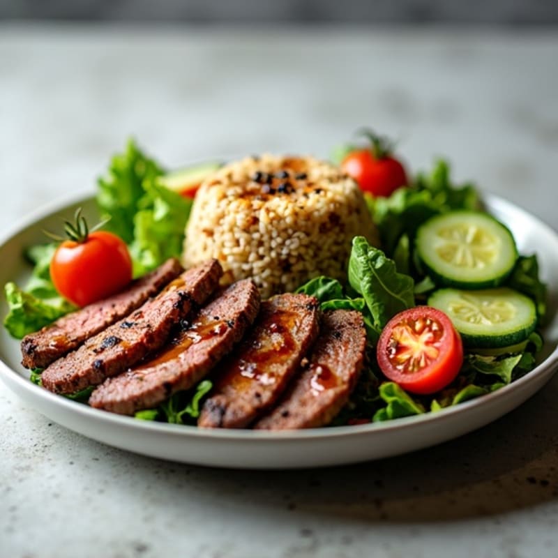 Grilled Steak Salad with Mixed Greens and Brown Rice