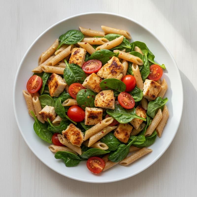 Grilled Chicken Pasta Salad with Spinach and Cherry Tomatoes