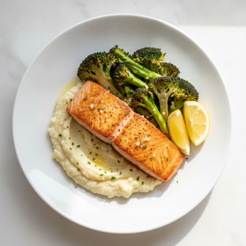 Seared Salmon with Roasted Broccoli and Garlic Mashed Cauliflower