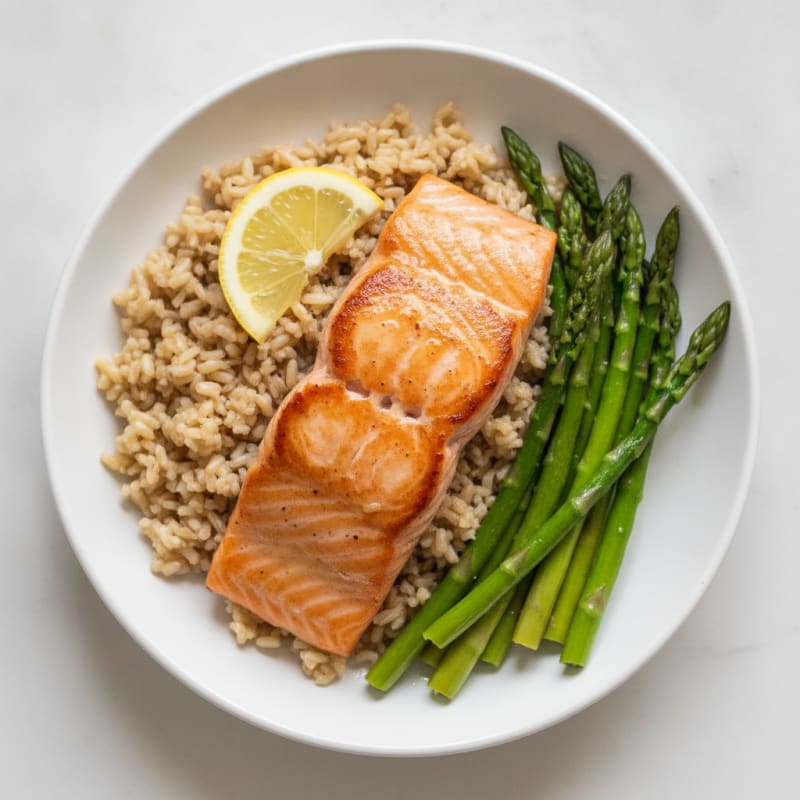Seared Salmon with Steamed Asparagus and Brown Rice