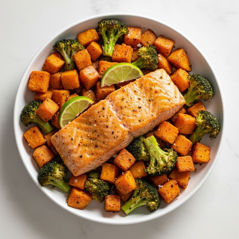Sheet Pan Chili-Lime Salmon with Sweet Potatoes