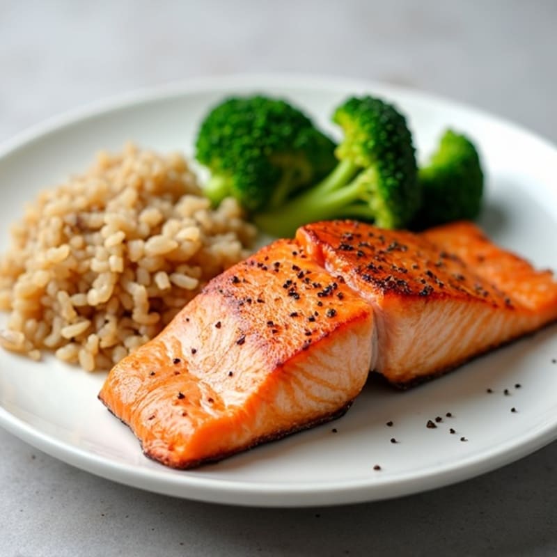 Seared Salmon with Steamed Broccoli and Brown Rice