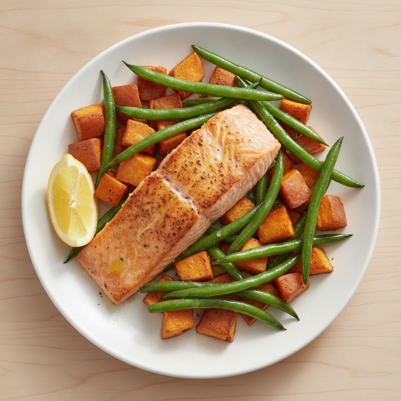 Broiled Salmon with Roasted Sweet Potato and Green Beans
