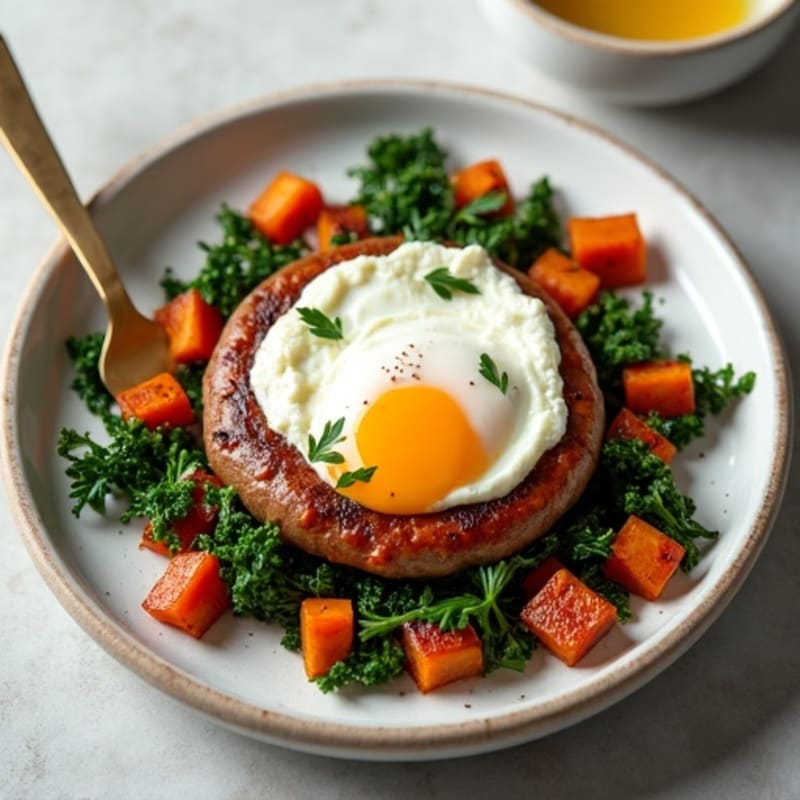 Crispy Sweet Potato and Kale Hash with Poached Eggs and Lean Turkey Sausage