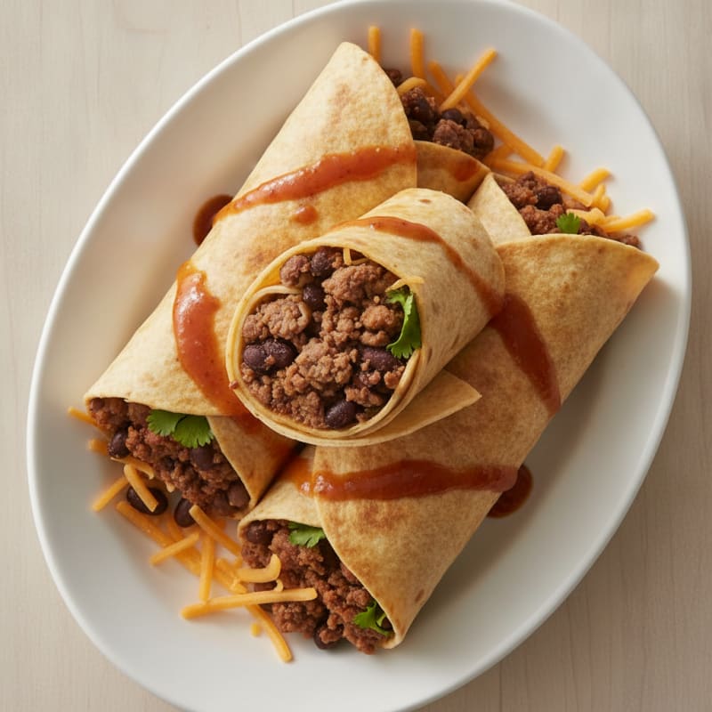 Ground Beef and Black Bean Tortilla Wraps with Shredded Cheese