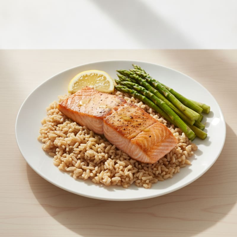 Seared Salmon Fillet with Steamed Asparagus and Brown Rice
