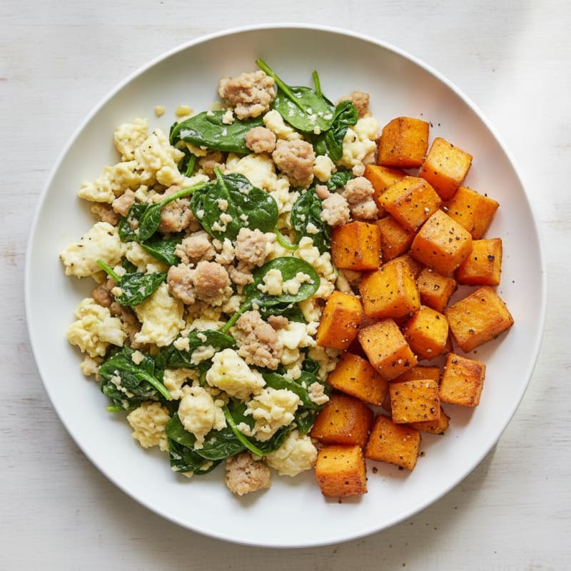 Egg White and Turkey Sausage Scramble with Spinach and Roasted Sweet Potatoes