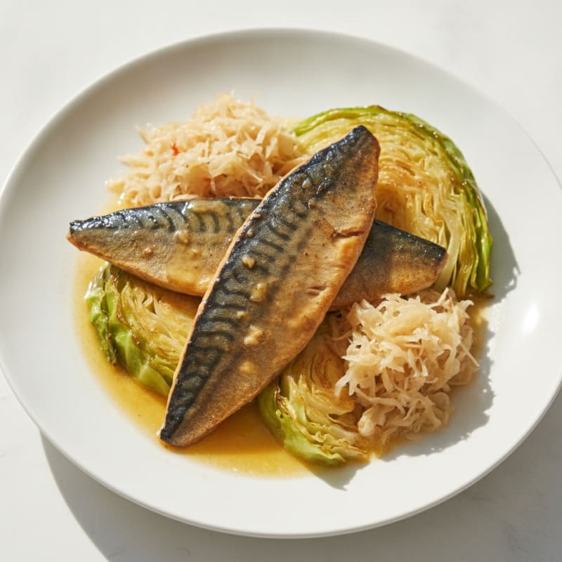 Pan-Seared Mackerel with Roasted Cabbage and Sauerkraut