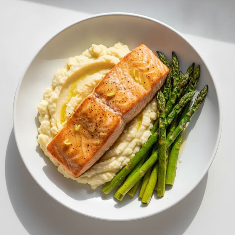 Seared Salmon with Roasted Asparagus and Cauliflower Mash