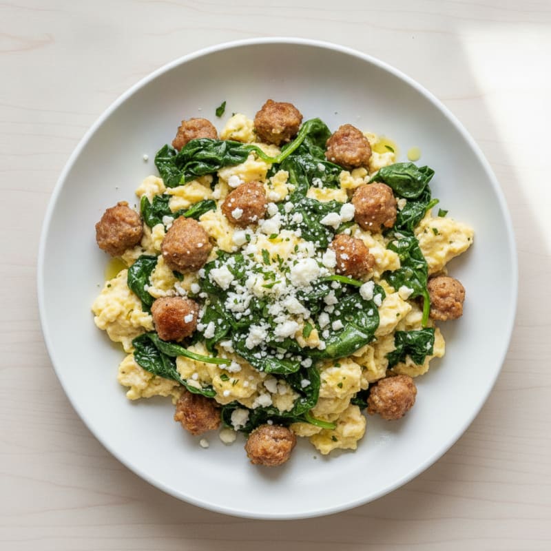 Egg White Scramble with Turkey Sausage and Sautéed Spinach