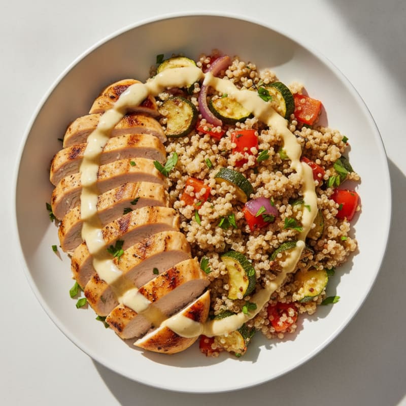 Grilled Chicken and Quinoa Bowl with Roasted Vegetables and Lemon Tahini Drizzle