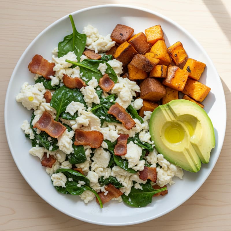 Crispy Turkey Bacon Egg White Scramble with Spinach