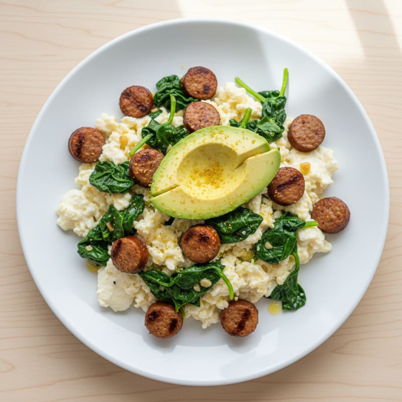 Egg White Scramble with Grilled Turkey Sausage and Sautéed Spinach