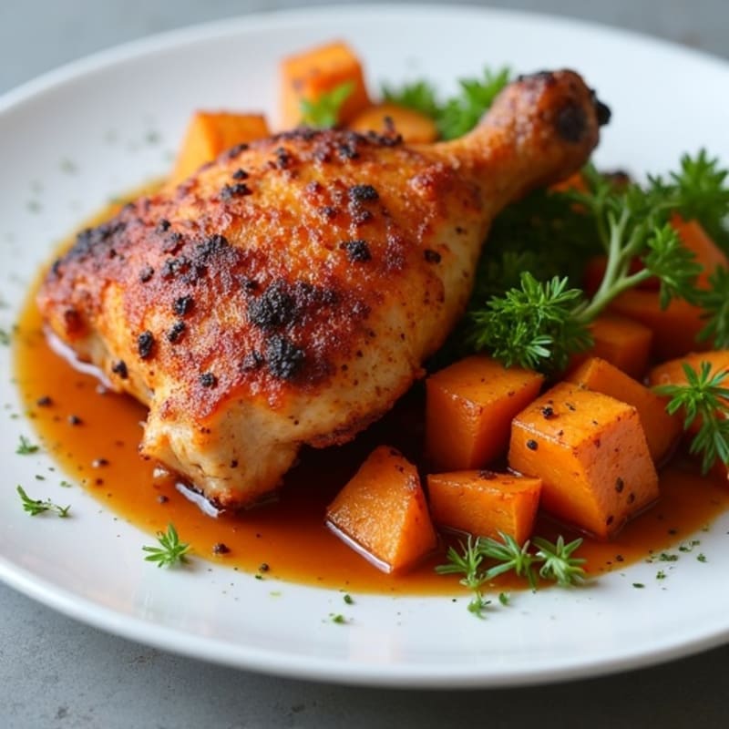 Crispy Jerk-Spiced Chicken Thighs with Roasted Sweet Potatoes
