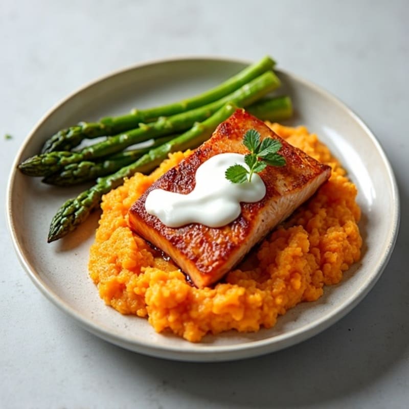 Seared Salmon Fillet with Roasted Asparagus and Sweet Potato Mash