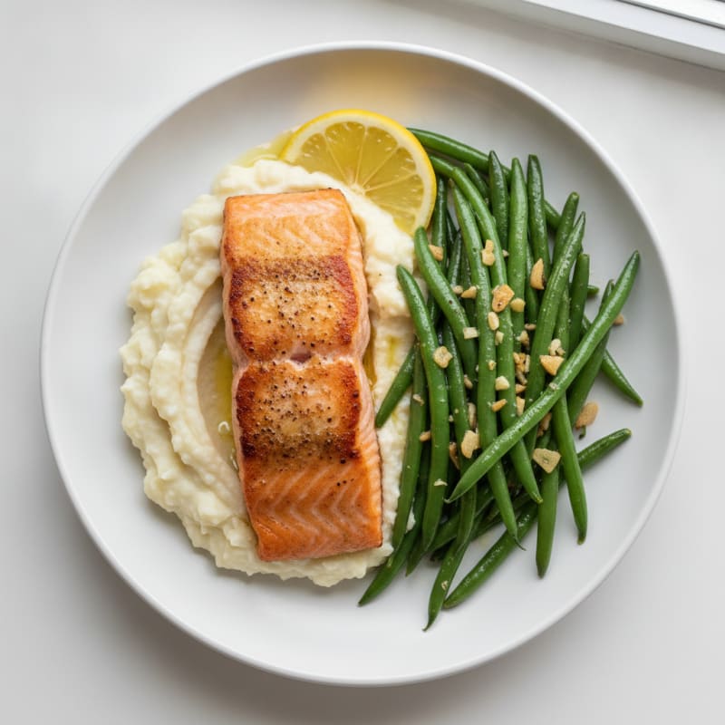 Seared Salmon Fillet with Garlic Green Beans and Mashed Cauliflower