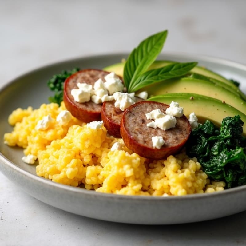 Scrambled Egg Whites with Turkey Sausage and Sautéed Spinach