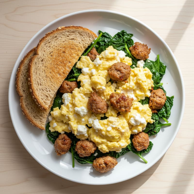 Cottage Cheese Scramble with Turkey Sausage and Sautéed Spinach