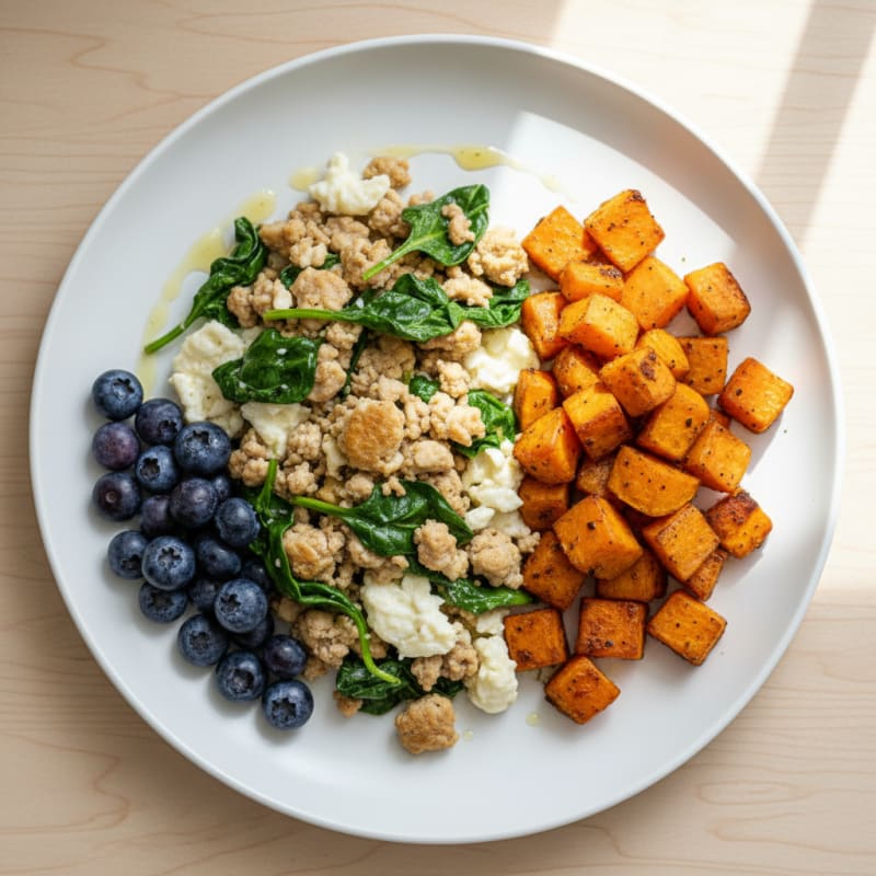 Turkey Spinach Egg White Scramble with Roasted Sweet Potatoes