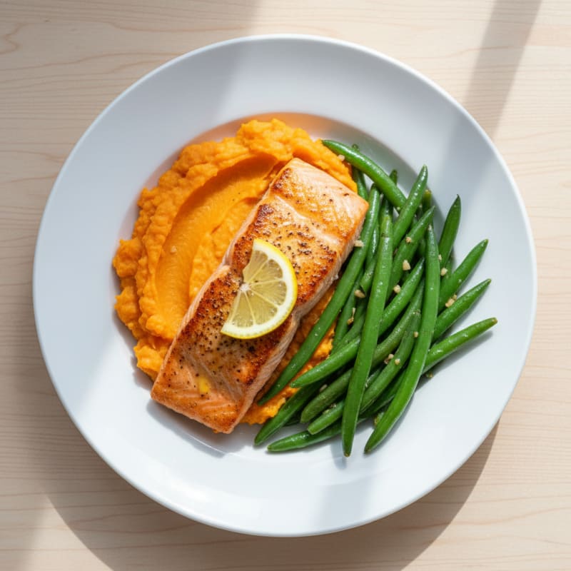 Seared Salmon with Garlic Green Beans and Sweet Potato Mash