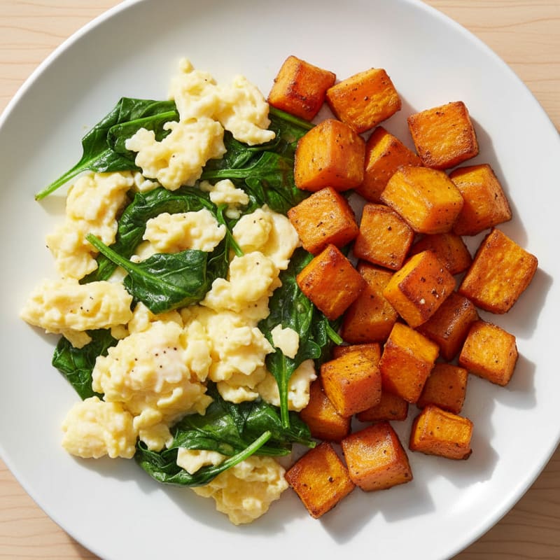 Scrambled Eggs with Sautéed Spinach and Roasted Sweet Potato