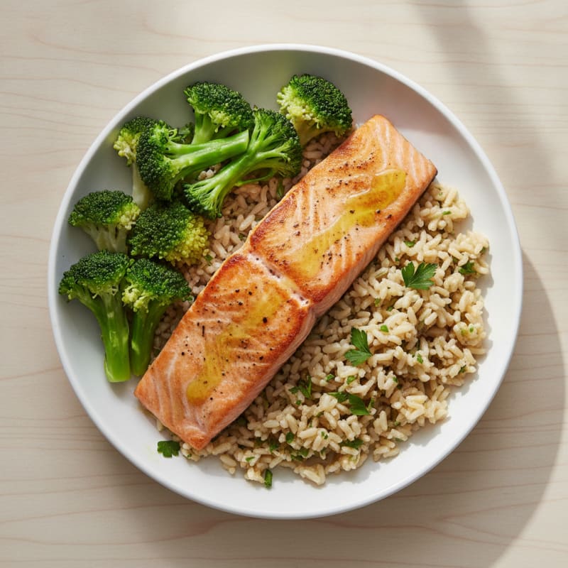 Seared Salmon with Steamed Broccoli and Herb Rice