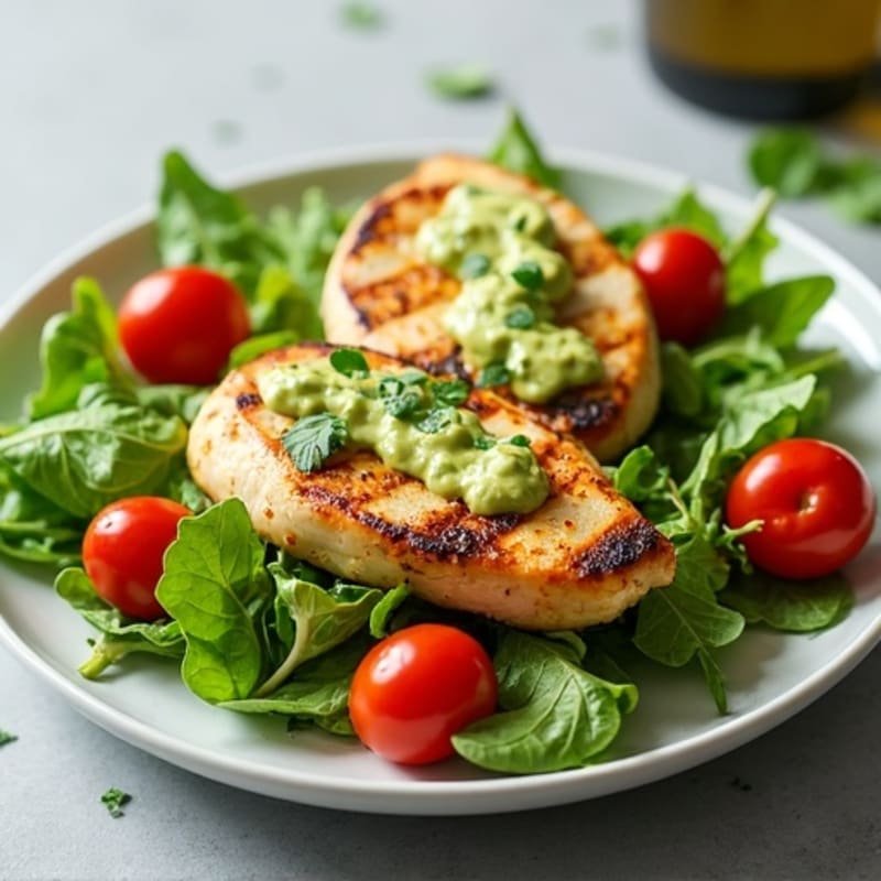 Grilled Chicken Breast with Creamy Avocado and Fresh Greens