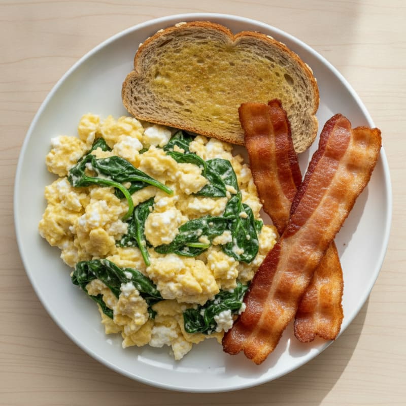 Cottage Cheese Egg Scramble with Spinach and Turkey Bacon