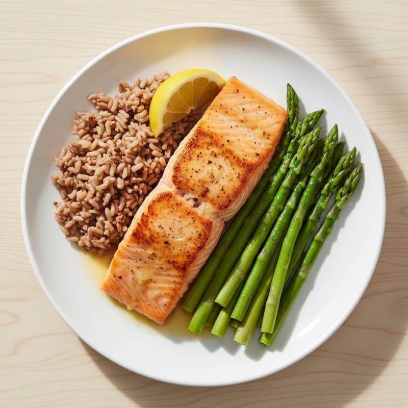 Seared Salmon with Steamed Asparagus and Brown Rice