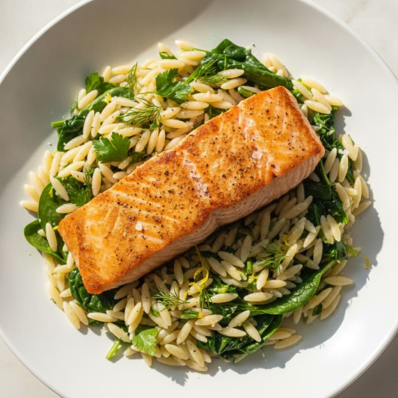 Pan-Seared Salmon with Lemon-Herb Orzo