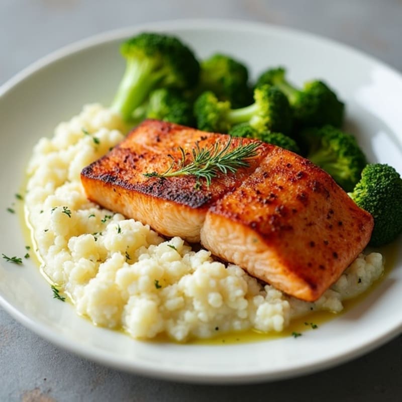 Seared Salmon with Roasted Broccoli and Garlic Cauliflower Mash