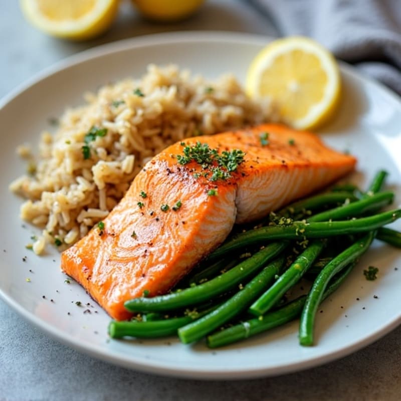 Seared Salmon with Garlic Green Beans and Steamed Brown Rice