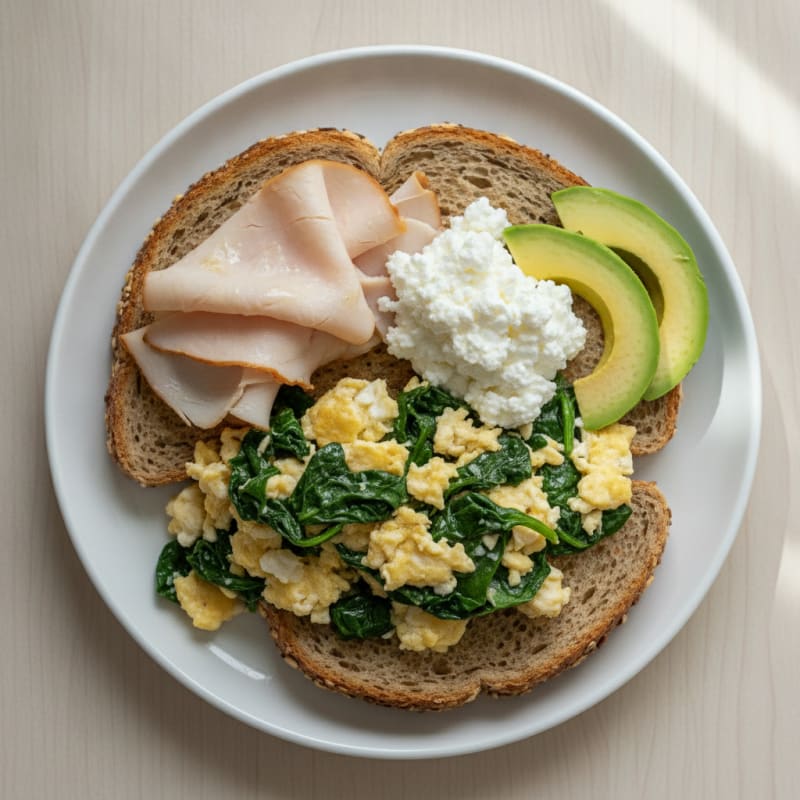 Egg White Spinach Scramble with Cottage Cheese and Sliced Turkey