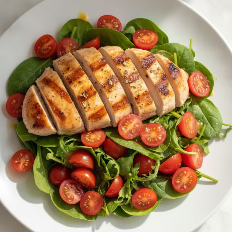 Grilled Chicken Breast over Mixed Greens with Cherry Tomatoes