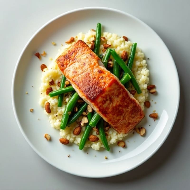 Seared Salmon with Garlic Green Beans and Cauliflower Mash