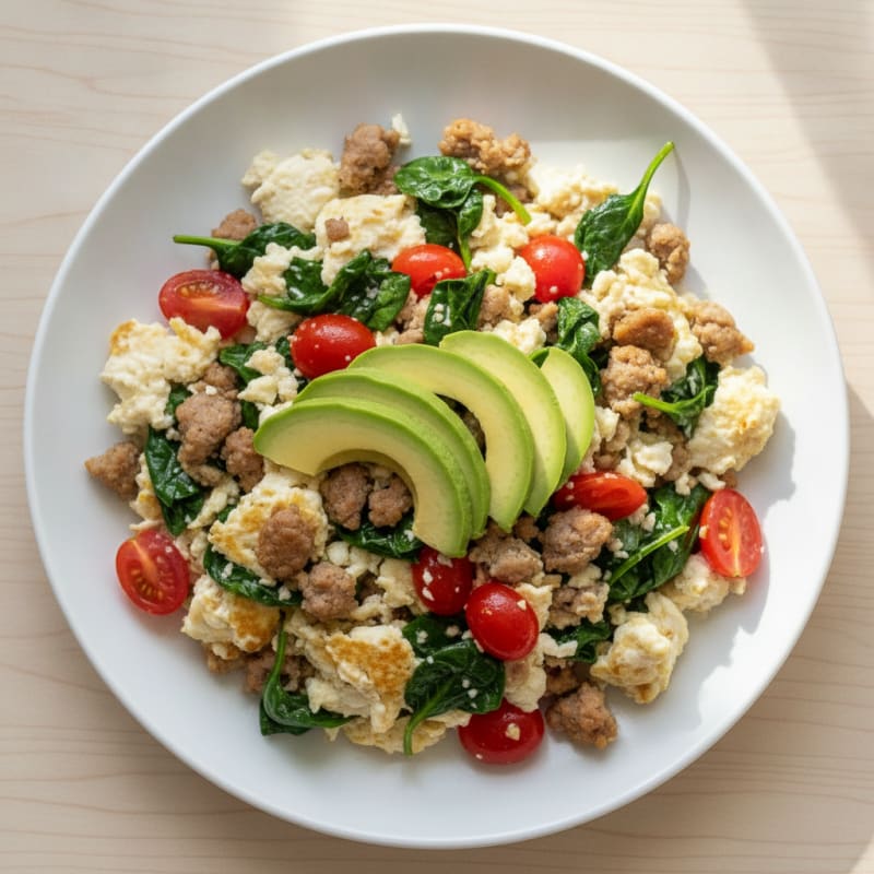 Egg White and Turkey Sausage Scramble with Spinach and Tomatoes