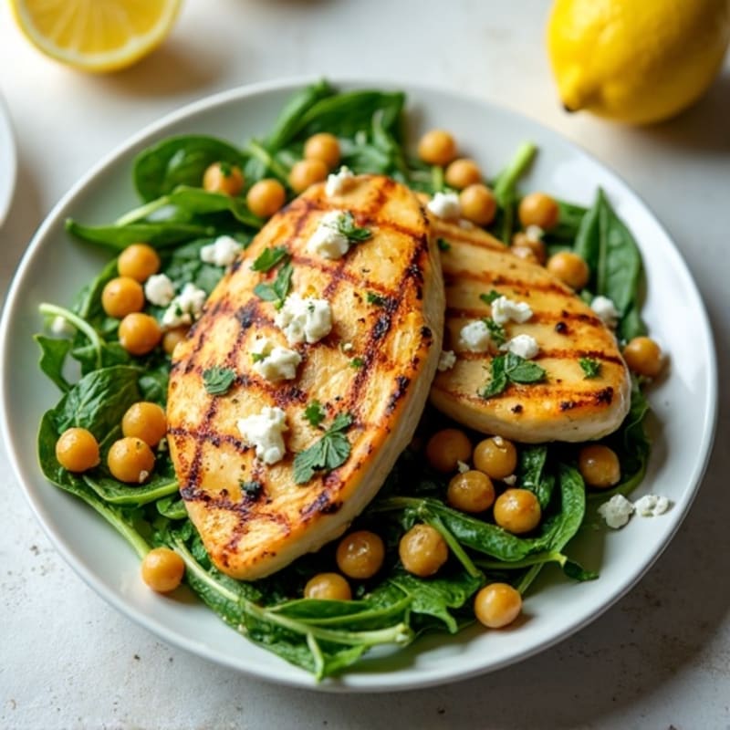 Grilled Lemon-Herb Chicken with Fresh Greens, Chickpeas, and Feta