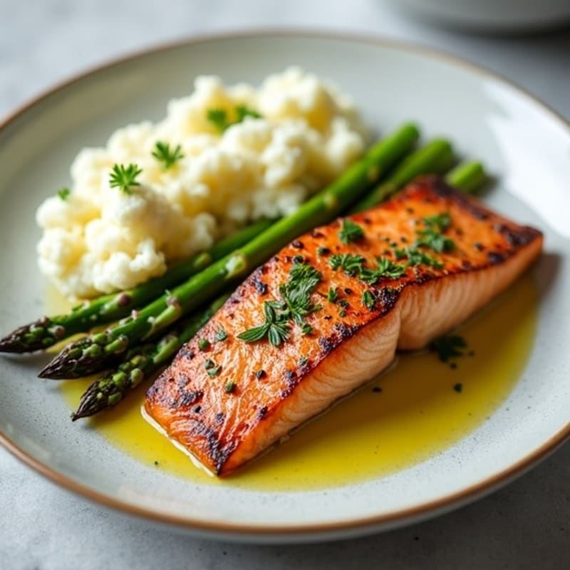 Seared Salmon with Roasted Asparagus and Cauliflower Mash