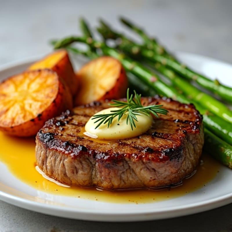Garlic Butter Pan-Seared Steak with Crispy Roasted Potatoes and Tender Asparagus