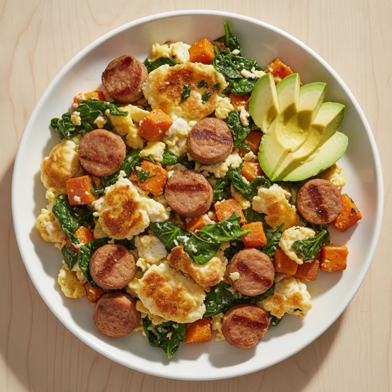 Crispy Egg White and Turkey Sausage Scramble with Spinach