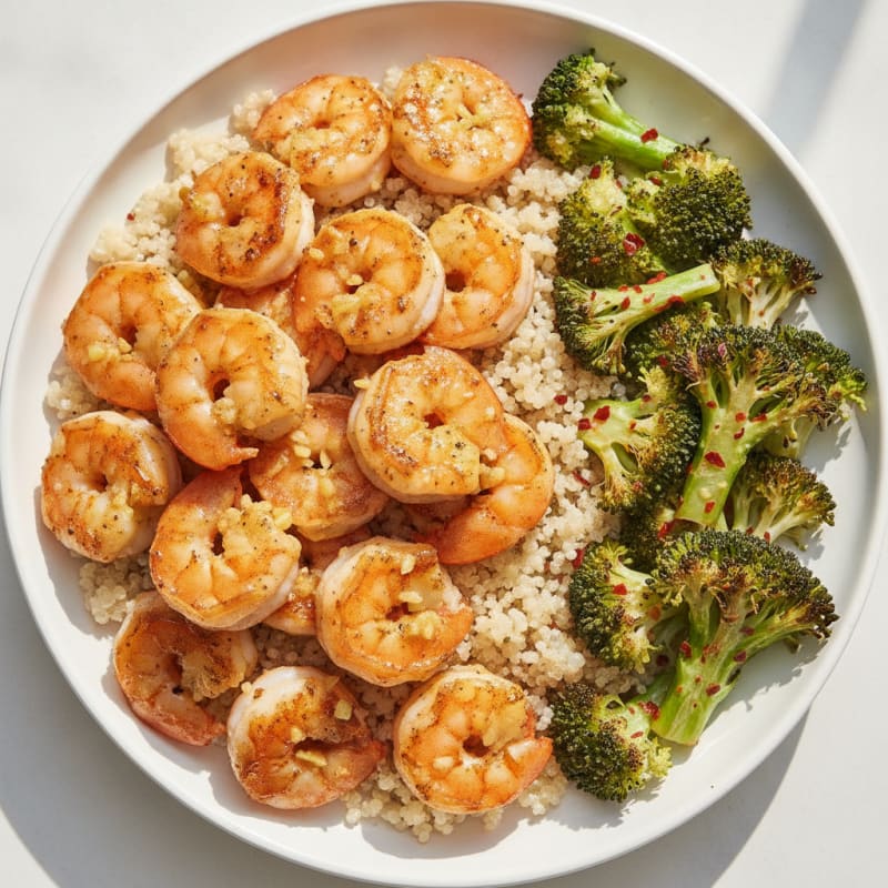 Seared Garlic Shrimp with Roasted Broccoli and Quinoa