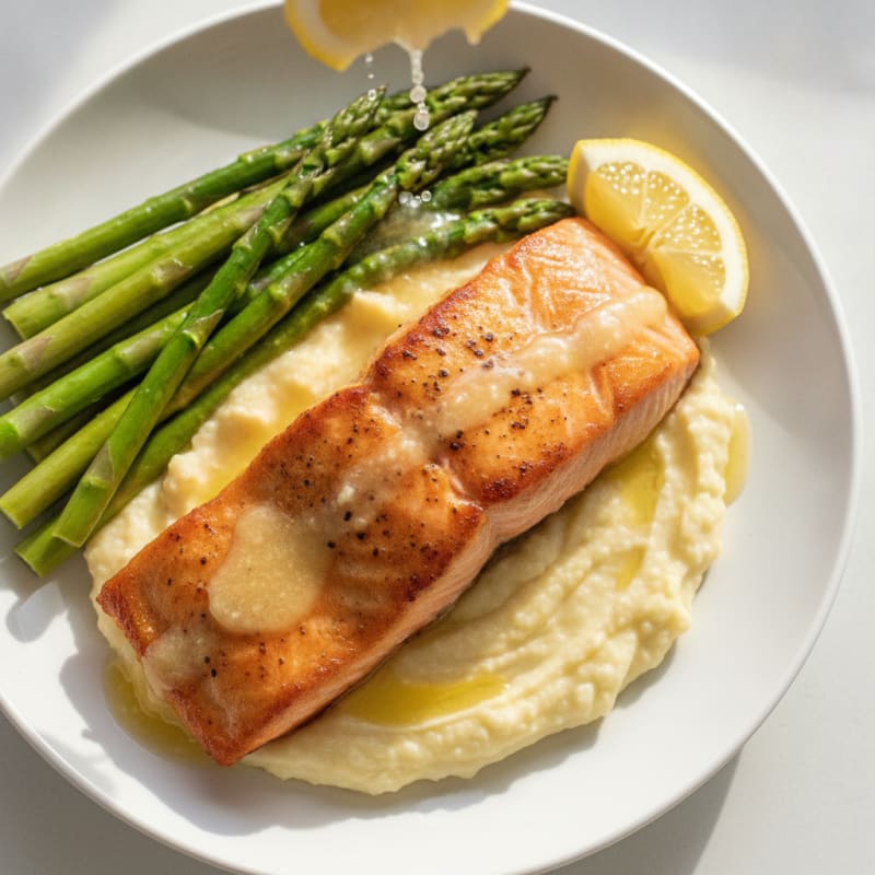 Seared Salmon with Steamed Asparagus and Cauliflower Mash