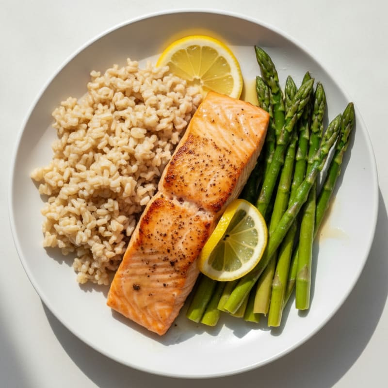 Seared Salmon with Steamed Asparagus and Brown Rice
