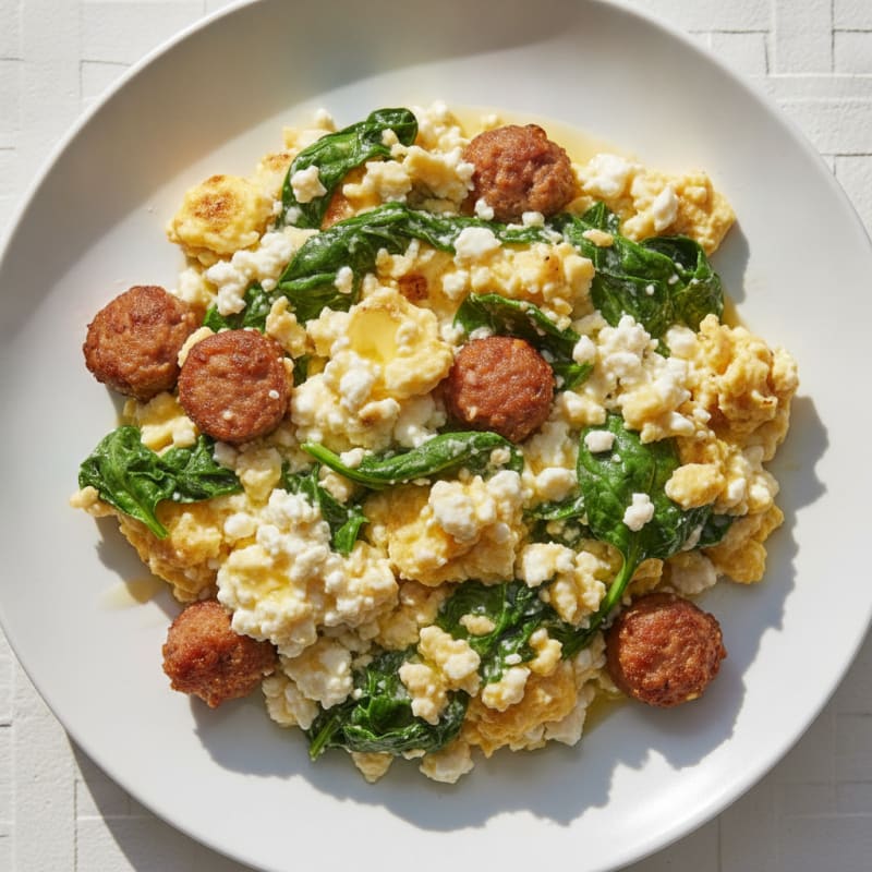 Cottage Cheese Egg Scramble with Spinach and Turkey Sausage