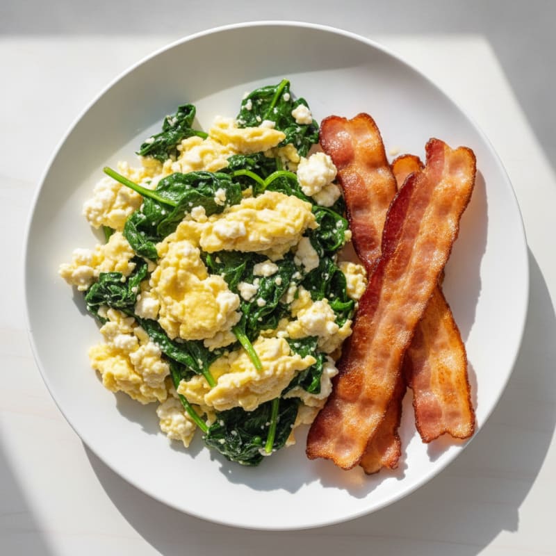 Cottage Cheese Scramble with Turkey Bacon and Sautéed Spinach