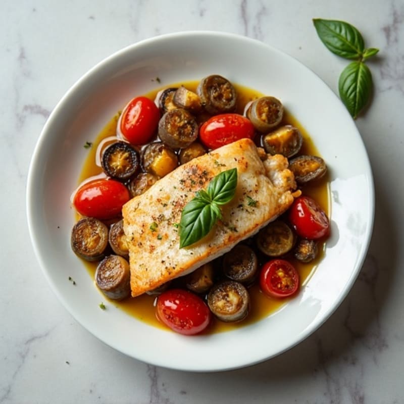 Pan-Seared Sol Fish with Roasted Eggplant and Burst Cherry Tomatoes