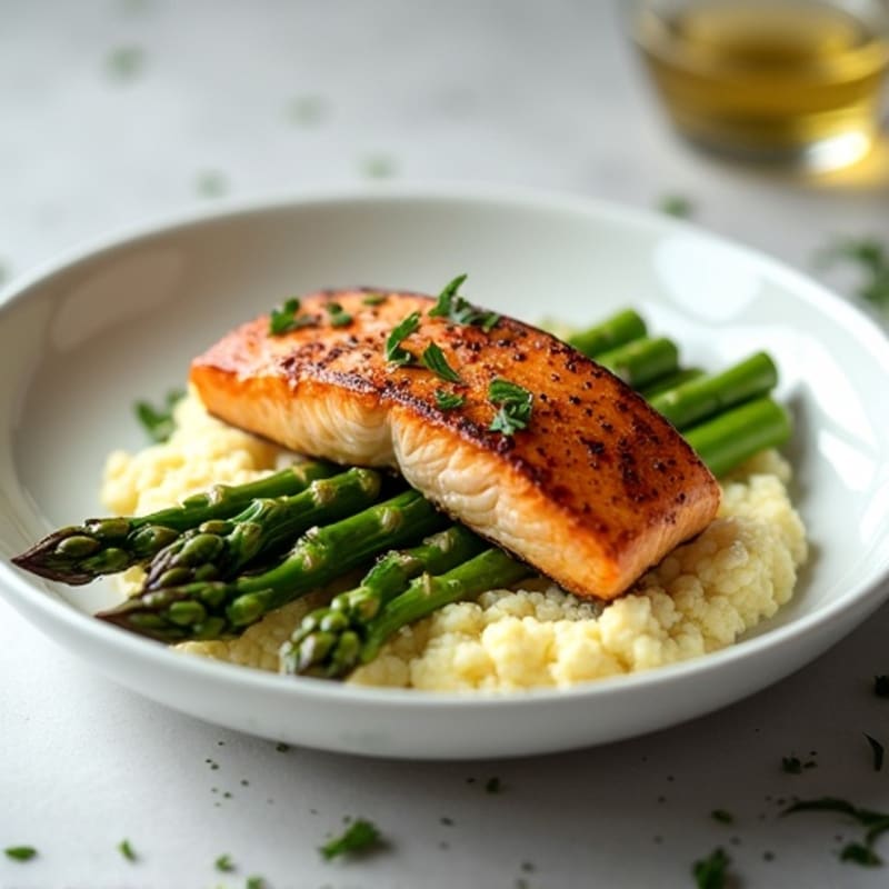 Seared Salmon Fillet with Steamed Asparagus and Garlic Cauliflower Mash