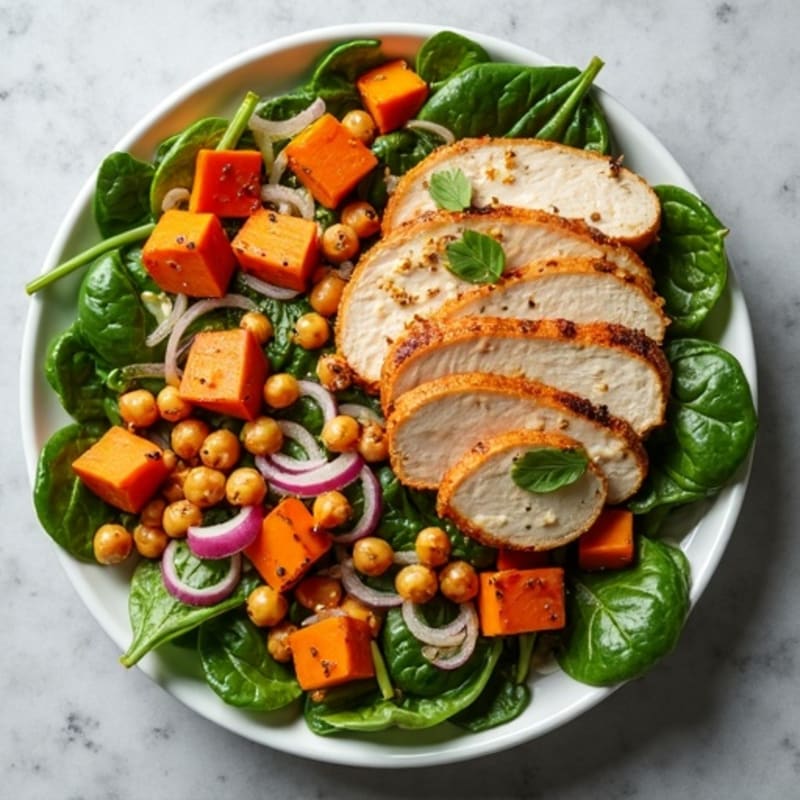 Roasted Sweet Potato and Crispy Chickpea Salad with Lemon-Tahini Dressing