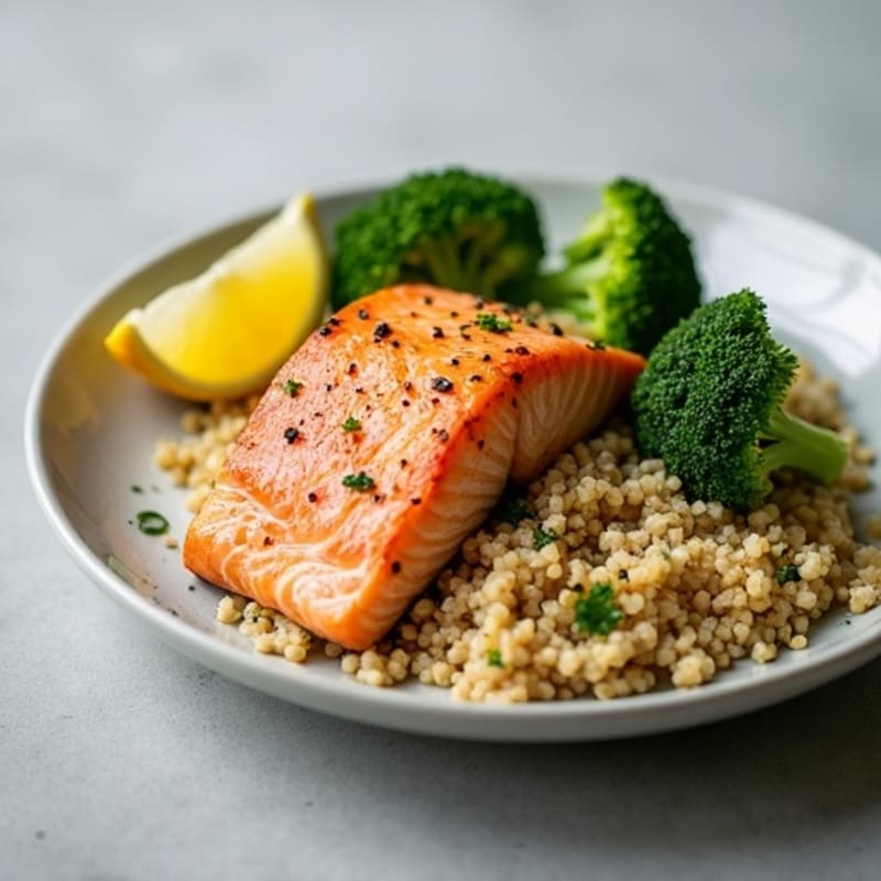 Seared Salmon with Steamed Broccoli and Quinoa