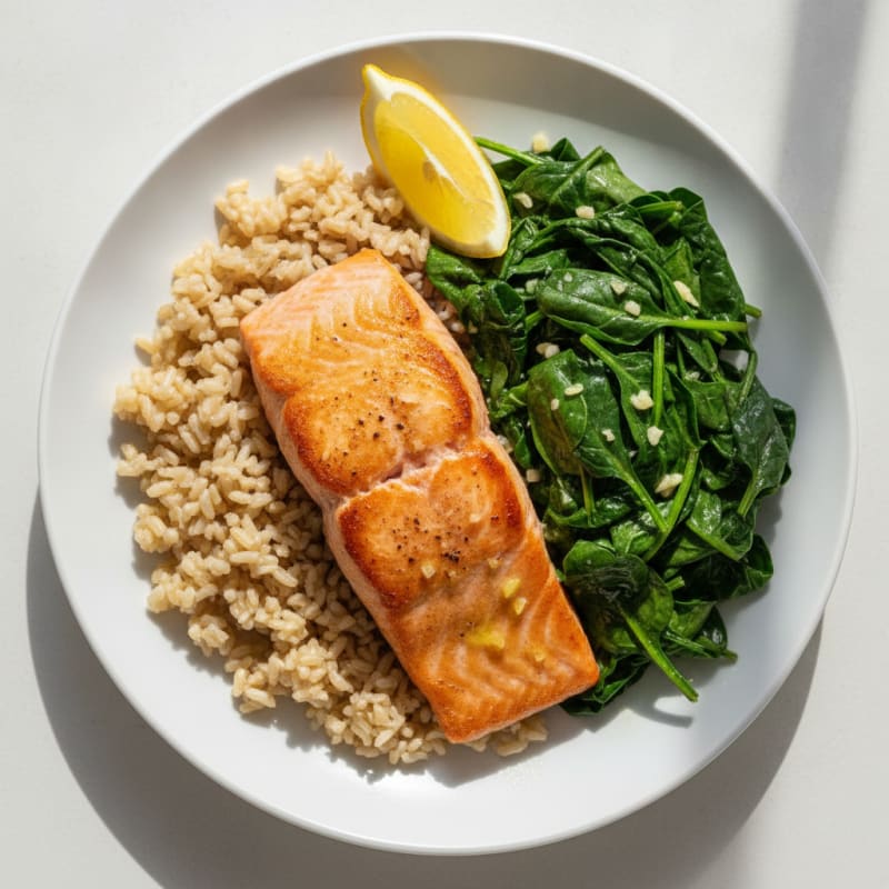 Seared Salmon Filet with Garlic Spinach and Brown Rice